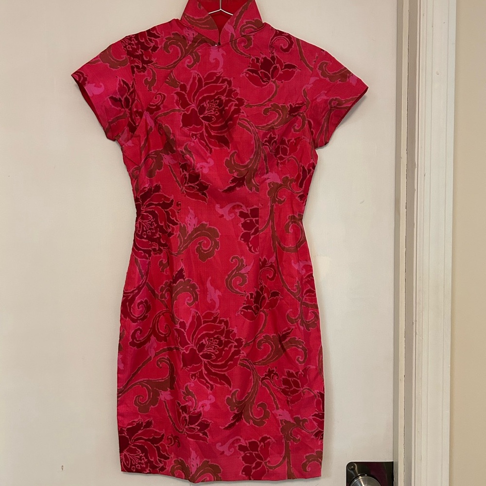 Pink Floral Mandarin Cheongsam Dress XS XXS 1950s 1960s Vintage VTG